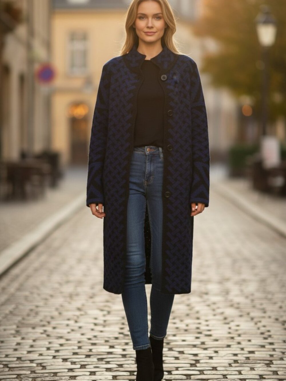 Cocogio Wool Blend Geometric Long Cardigan Jacket Navy Size M A32